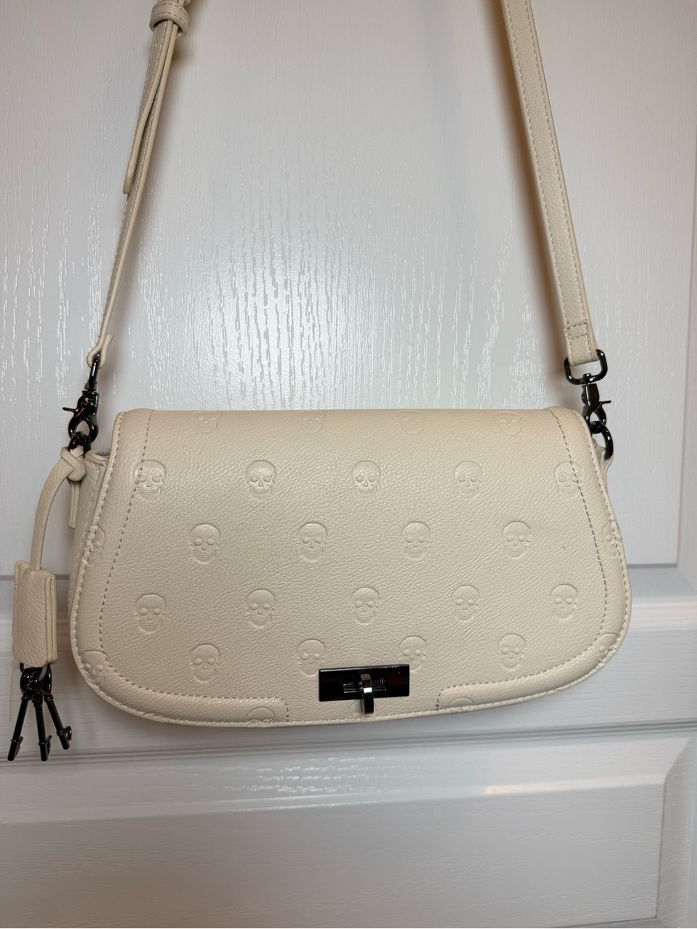Betsey Johnson Ivory Skull Embossed Crossbody Bag Key Charm Goth